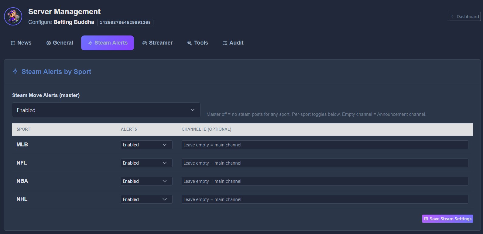 Server Admin - Steam/Sharp Money Detection Tab